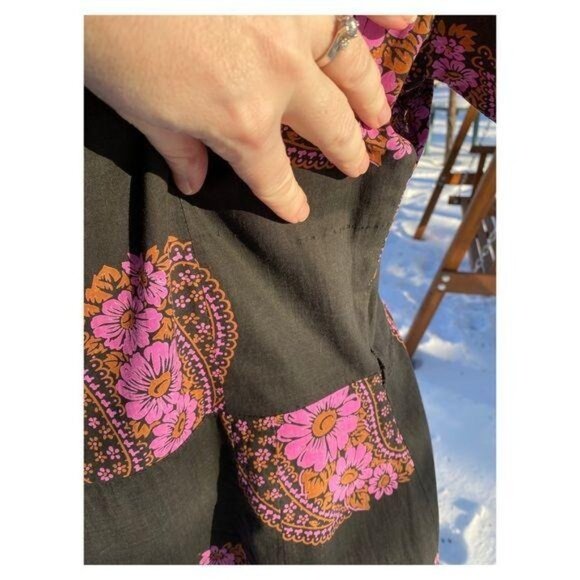 60s Cotton Day Dress Midi Groovy Floral Paisley Print Black Pink Yolk Waist - Picture 14 of 16